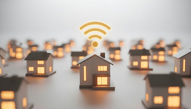 A miniature neighborhood of houses with one central home emitting a glowing Wi-Fi signal, symbolizing smart home technology and connectivity.