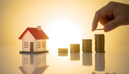 Hand stacking coins in increasing piles next to a model house, symbolizing saving for a home.