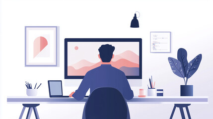 Digital Artist Creating 3D Model on Computer with Innovative Flat Design 