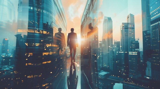 Businessman standing on a skyscraper overlooking the city during sunset