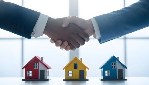 Two businessmen shaking hands over miniature houses, symbolizing a real estate deal or partnership.