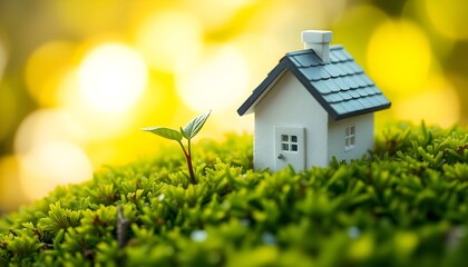 Naklejka premium A miniature house sits atop a bed of moss, with a small plant growing nearby, symbolizing growth.