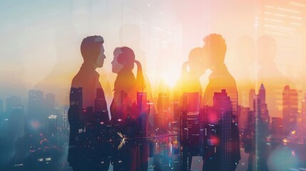 Silhouettes of business people conversing against a vibrant cityscape at sunset