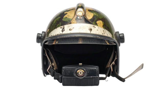 Camouflage helmet with headlamp, front view