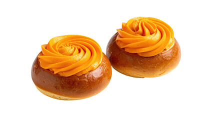 Two sweet buns, topped with bright orange swirl icing