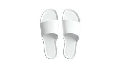 Two isolated white, minimalist slide sandals top-down view