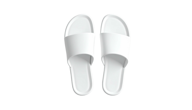 Two isolated white, minimalist slide sandals top-down view