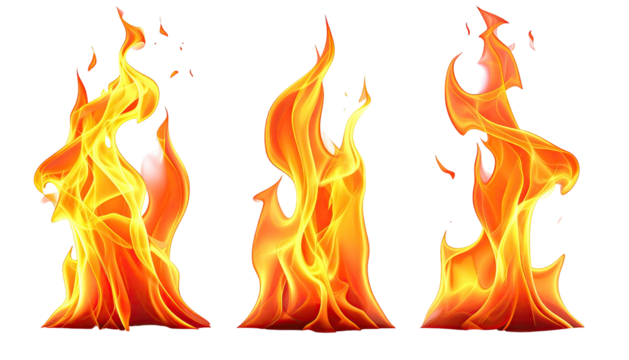 Three vibrant, stylized flames dance against a black background