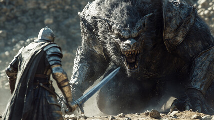 Fantasy Medieval Knight in Shining Armor Battling Fierce Creature 