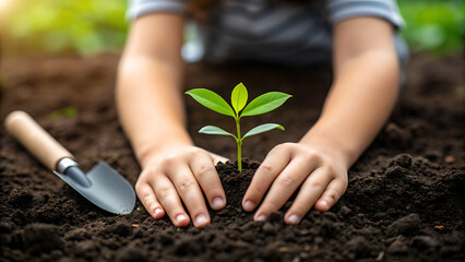 Childs hands gently planting a small green sapling into rich dark soil with a trowel
