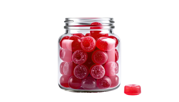 Jar full of round, pink, red and purple gummies on black