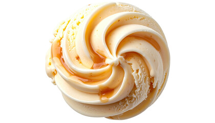 Swirled ice cream scoop drizzled with caramel syrup, top view