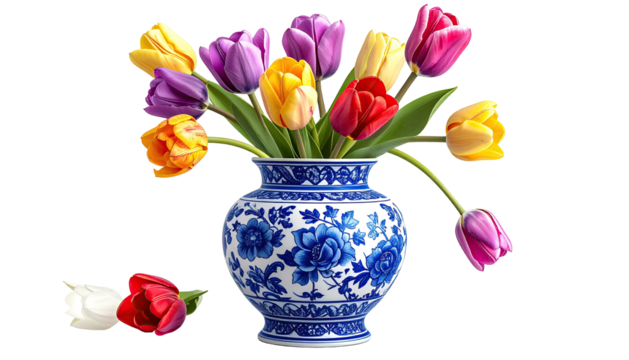 Tulips galore in a blue-white floral vase, on a black backdrop