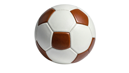 Brown-and-white pentagonal stitched soccer ball centered in black