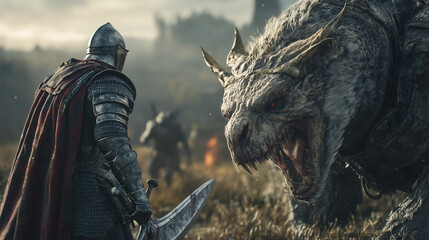 Epic Medieval Knight Fighting Mythical Creature in Dramatic Fantasy Scene 