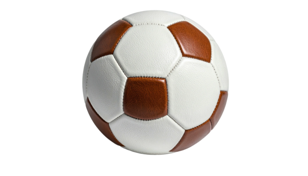 Brown-and-white pentagonal stitched soccer ball centered in black