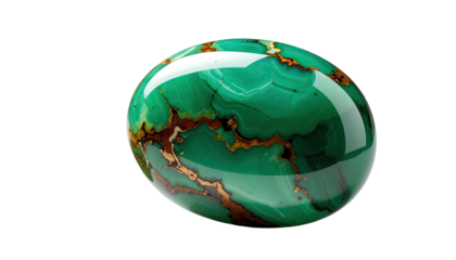 Polished green stone orb with brown striations on black background