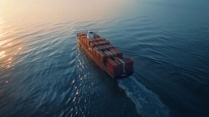 Container ship sailing on calm ocean waters at sunset