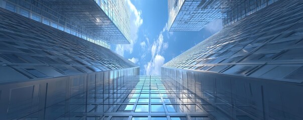 Reflective skyscraper buildings seen from aerial perspective concept. A breathtaking view between skyscrapers reaching towards the sky.