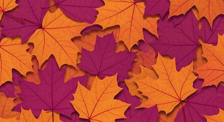 A vibrant, textured background of overlapping orange and magenta maple leaves, creating a colorful autumn pattern.