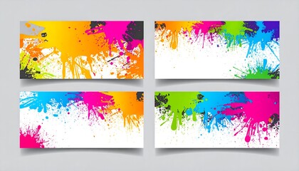 Four rectangular cards with vibrant, splattered paint designs across the top