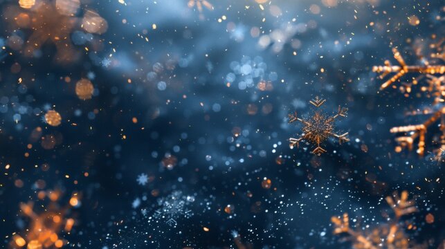 Magical winter scene with sparkling snowflakes and bokeh lights