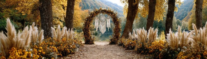 Boho style wedding arch with dream catchers in early autumn concept. A tranquil forest scene with a beautiful golden autumn arch.