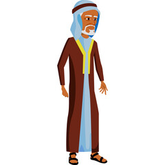Pixel Art of an Elderly Arab Man in Traditional Clothing Standing on a Transparent Background Wearing a Brown Robe and Light Blue Turban