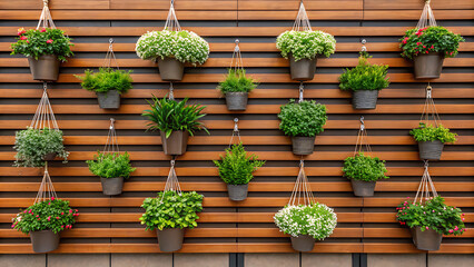 Arrangement of lush green hanging plants in pots against a warm wooden slatted wall background