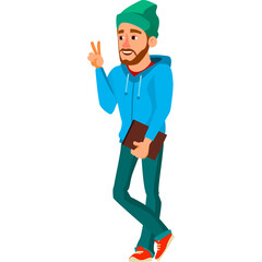 Pixel Art Style Caucasian Man Wearing Blue Hoodie and Green Beanie Holding a Folder and Making Peace Sign with His Fingers against a White Background