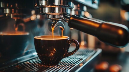 Espresso pouring into a dark cup from a professional coffee machine