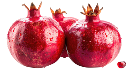 Three shiny, ripe pomegranates with droplets and a seed