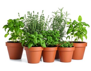 Obraz premium Group of six terracotta pots with vibrant green herbs growing