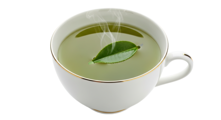 A steaming cup of green tea with a fresh leaf floating on top.