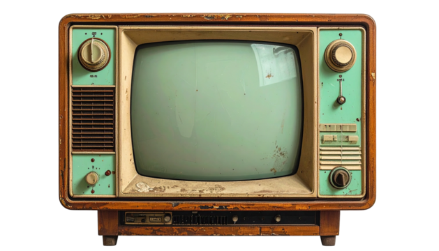 Aged television set with pastel accents and wooden casing