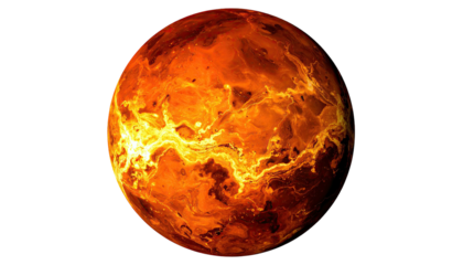 Fiery planet showing molten surface detail against black