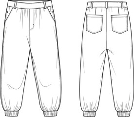 Jogger pants fashion flat sketch, front and back view, elastic hem, pocket details, vector cad drawing for apparel design