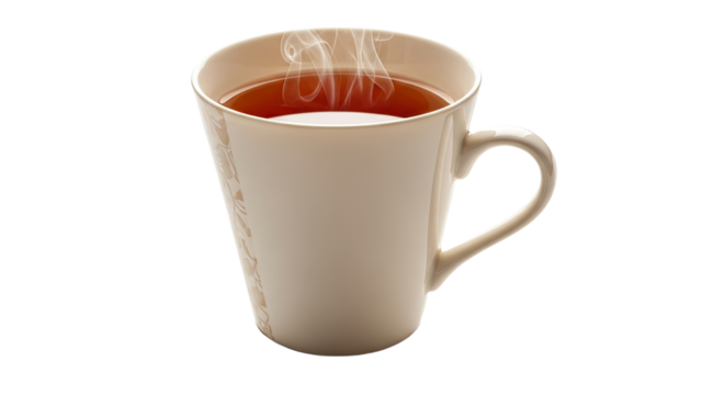 A steaming cup of hot tea on a white background.