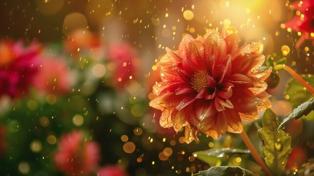 Close-up view of a vibrant dahlia flower glistening with rain droplets - Powered by Adobe