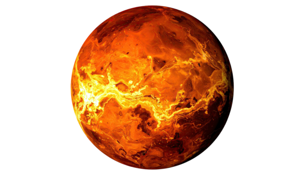 Fiery planet showing molten surface detail against black