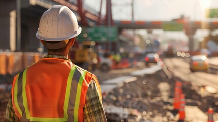 Obraz premium Construction worker overlooking a busy road during highway construction