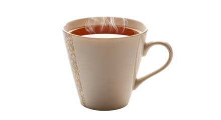 A steaming mug of hot tea on a white background.