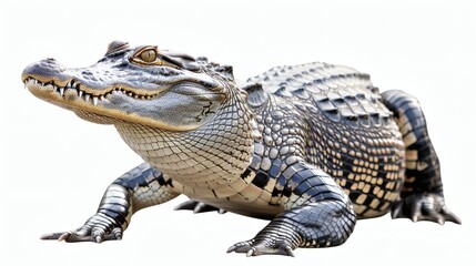 Fototapeta premium Young alligator on white background, showcasing detailed scales and sharp teeth