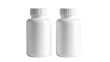 Two white plastic bottles stand against a black backdrop