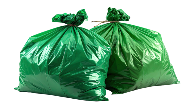 Two tied green garbage bags, isolated on a black background