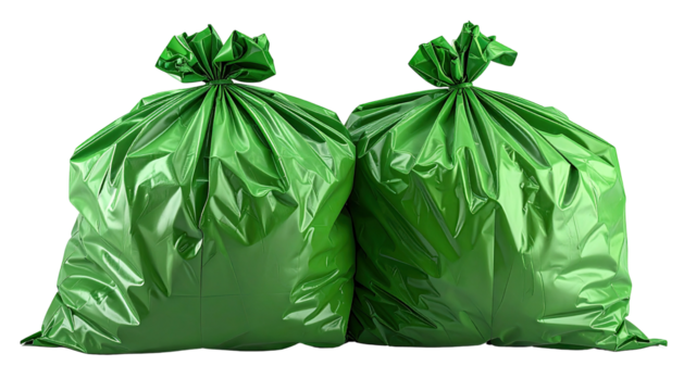 Two glossy, green garbage bags, tied shut on a black background
