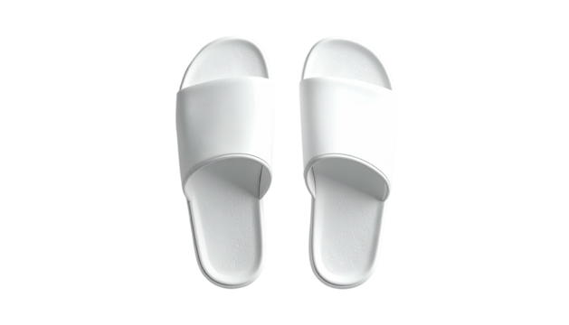 Two white, simple slide sandals shown from an overhead view