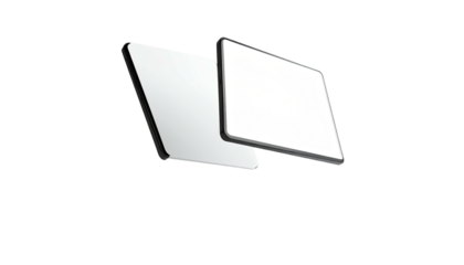Two floating tablets with blank white screens on black background
