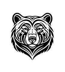 A powerful, symmetrical bear head is rendered in a black tribal tattoo style, using intricate, flowing lines and sharp angles to define its features