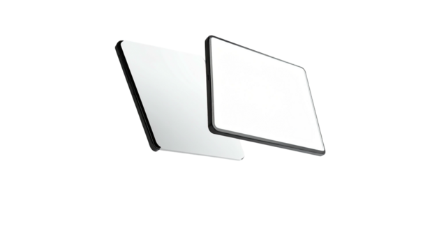 Two floating tablets with blank white screens on black background